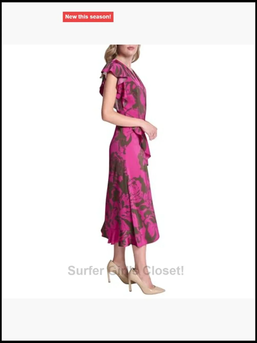 DKNY Ruffle Cap Sleeve Surplice Neck Fit and Flare Midi Dress